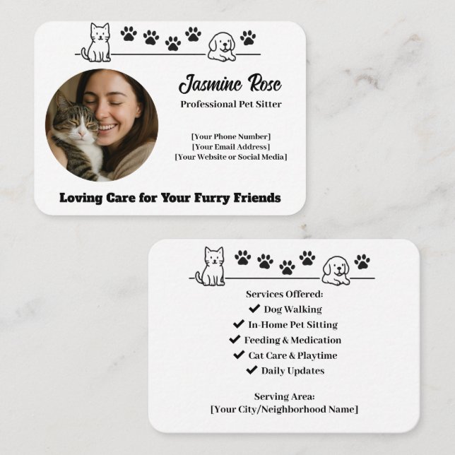 Carte De Visite Custom Pet Sitter Business Card with Photo  (Devant / Derrière)