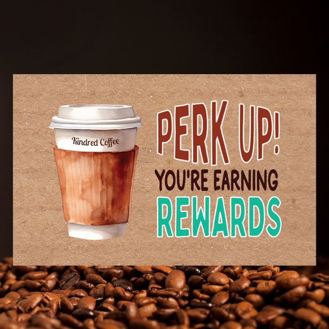 Carte De Visite Custom Rustic Kraft Coffee Loyalty (Rustic kraft coffee loyalty card with watercolor art, QR code, and rewards tracking for cafes.)