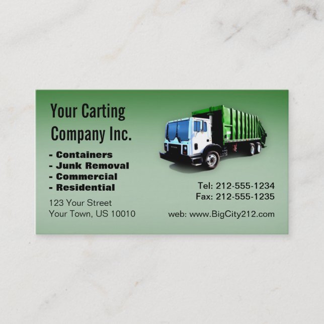 Carte De Visite CUSTOMIZABLE Garbage Truck Carting Company (Devant)