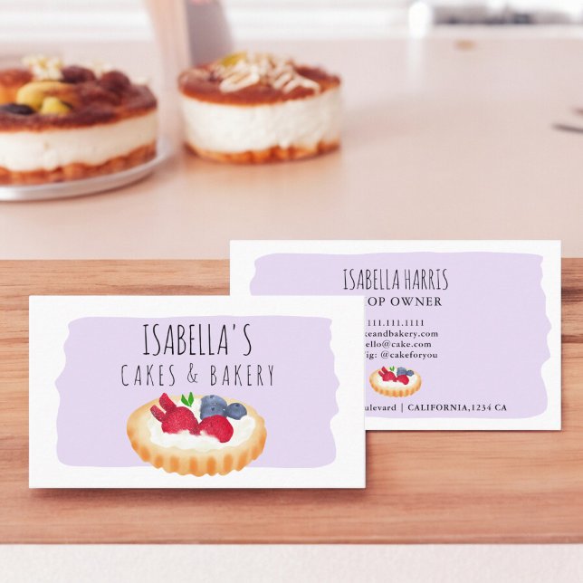 Carte De Visite Cute aquarelle tarte gâteaux de boulangerie script (Cute watercolor pie cakes bakery script purple business card)