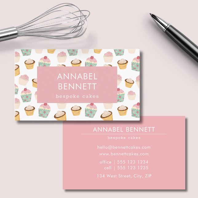 Carte De Visite Cute Boho Cupcake Motif (Cupcake design business card perfect for cake makers, bespoke cake bakers and bakeries.)