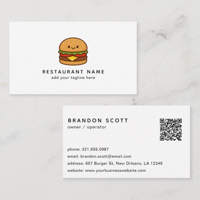 Carte De Visite Cute Burger QR Code Restaurant (Devant / Derrière)