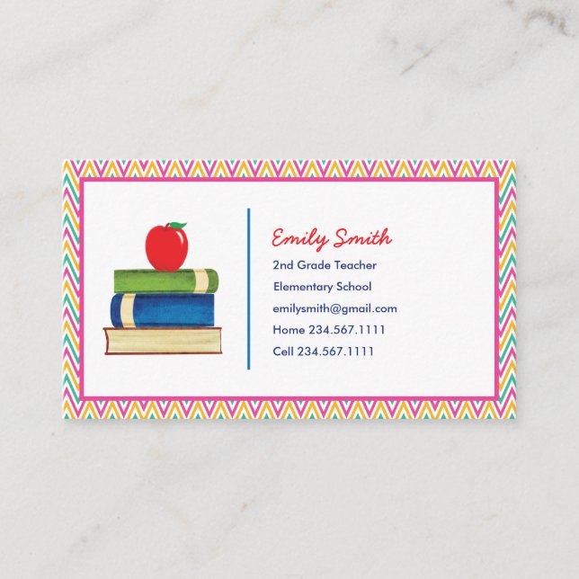 Carte De Visite Cute Chevron Enseignant Motif Aquarelle Livre d'Ap (Devant)