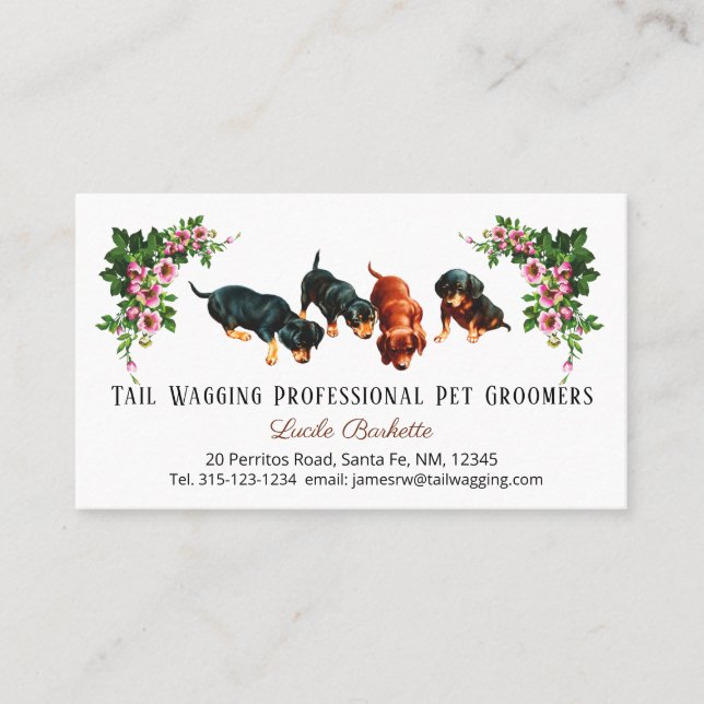 Carte De Visite Cute Dachshund Puppies Pet Grooming Floral (Devant)