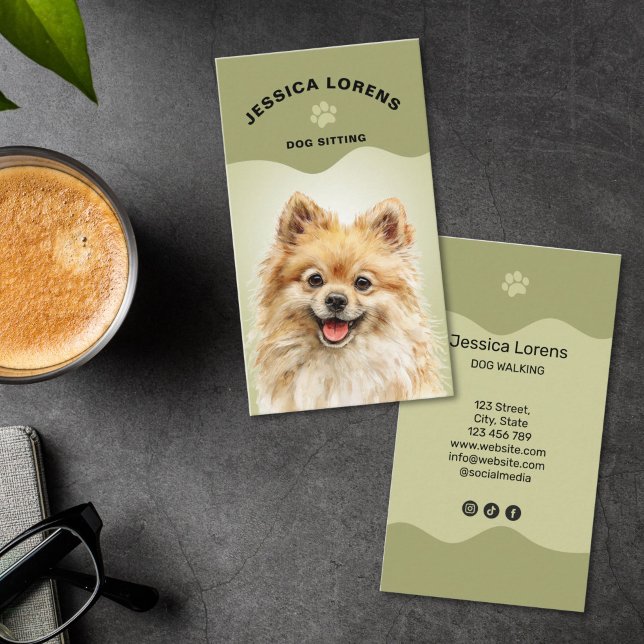 Carte De Visite Cute Dog Sitter, Pet Groomer, Dog Walker (cute pet sitter business card with paw print and watercolor dog illustration)