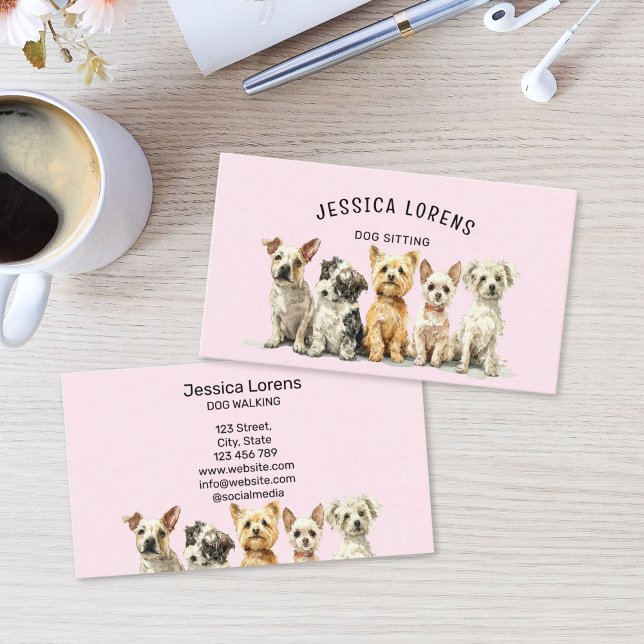 Carte De Visite Cute Dog Sitter, Pet Groomer, Veterinarian, Puppy  (Cute Dog Sitter, Pet Groomer, Veterinarian Business Card with pink background and watercolor puppies)