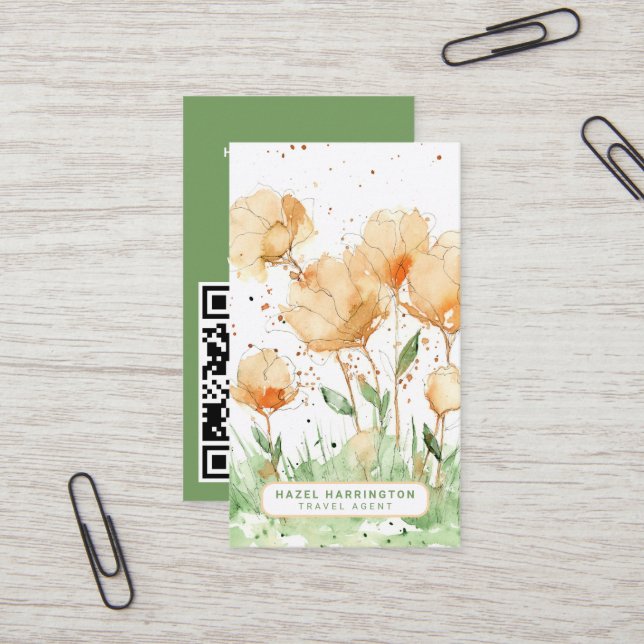 Carte De Visite Cute Floral personnalisé QR Code scanner Whimsable (Devant/Arrière en situation)