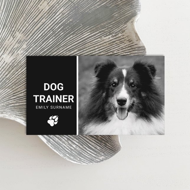 Carte De Visite Cute Fluffy Dog Photo Trainer Chien Noir Et Blanc (Stylish black and white design for dog related jobs featuring a happy Shetland Sheepdog breed dog.)