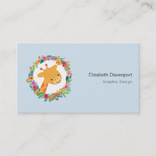 Carte De Visite Cute Giraffe avec une aquarelle fleurie Wreath