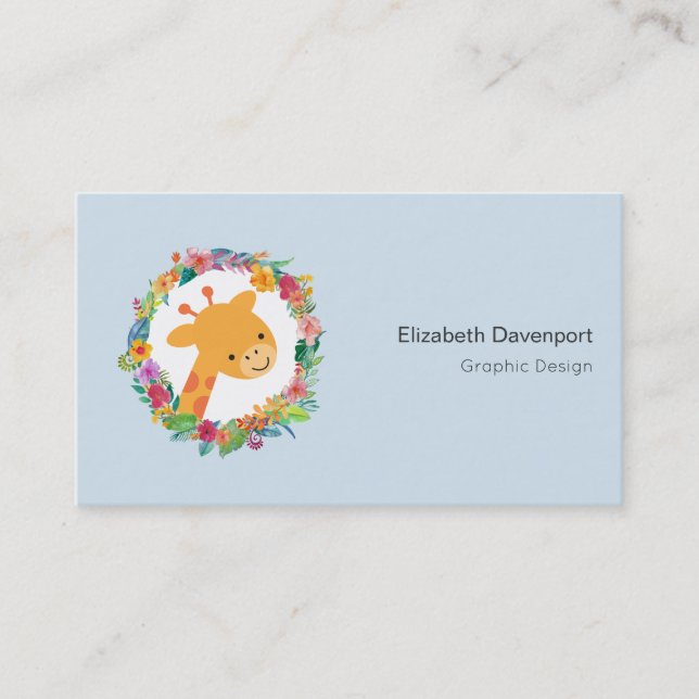 Carte De Visite Cute Giraffe avec une aquarelle fleurie Wreath (Devant)