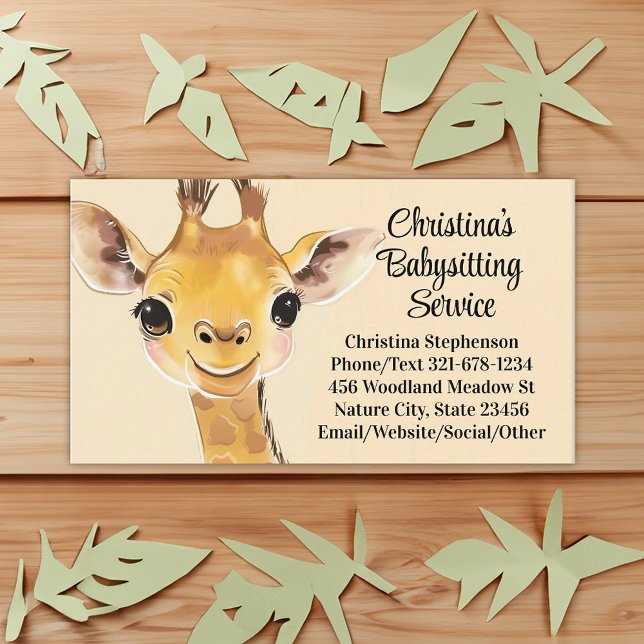 Carte De Visite Cute Giraffe Babysitter Nanny Service de garde d'e (giraffe babysitting childcare teacher business card)
