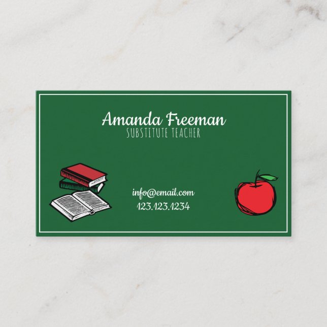 Carte De Visite Cute Green Chalkboard & Apple Substitut Enseignant (Devant)
