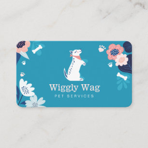 Carte De Visite Cute Happy Dog Floral Botanical Blue Pet Services