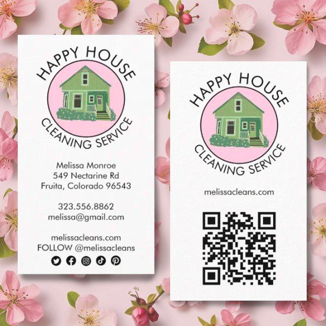 Carte De Visite Cute House Logo Nettoyage Accueil QR Code Icônes s (Custom cute house logo business cards for cleaners with social media icons and QR code
)