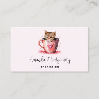 Carte De Visite Cute Kitten dans un Teacup avec les coeurs