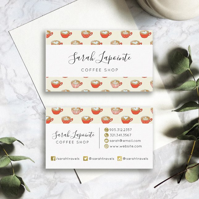 Carte De Visite Cute Latte Art dans le Motif de Mugs de café rouge (Coffee Shop Red Latte Art Pattern Business Card)