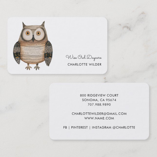 Carte De Visite Cute Little Owl Daycare Business Card (Devant / Derrière)
