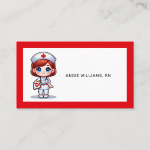Carte De Visite Cute Manga Nurse avec cheveux rouge bleu yeux Pers
