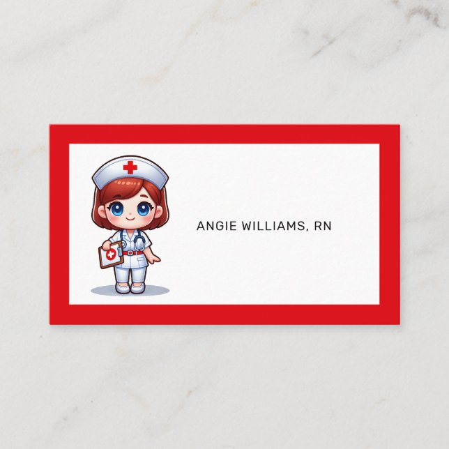 Carte De Visite Cute Manga Nurse avec cheveux rouge bleu yeux Pers (Devant)