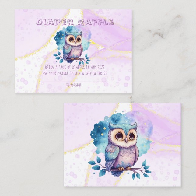 Carte De Visite Cute Owl Diaper Raffle Girl Baby shower (Devant / Derrière)