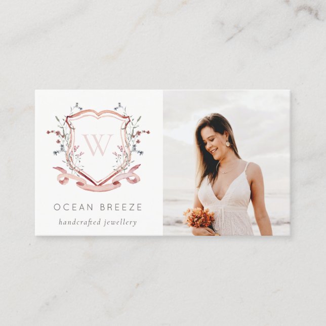 Carte De Visite Cute Pastel Fleur sauvage rose Photo Crest Monogra (Devant)