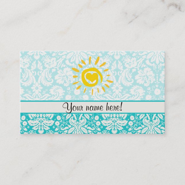 Carte De Visite Cute Sun; Teal Damask (Devant)