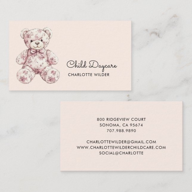 Carte De Visite Cute Toile Teddy Bear Daycare (Devant / Derrière)