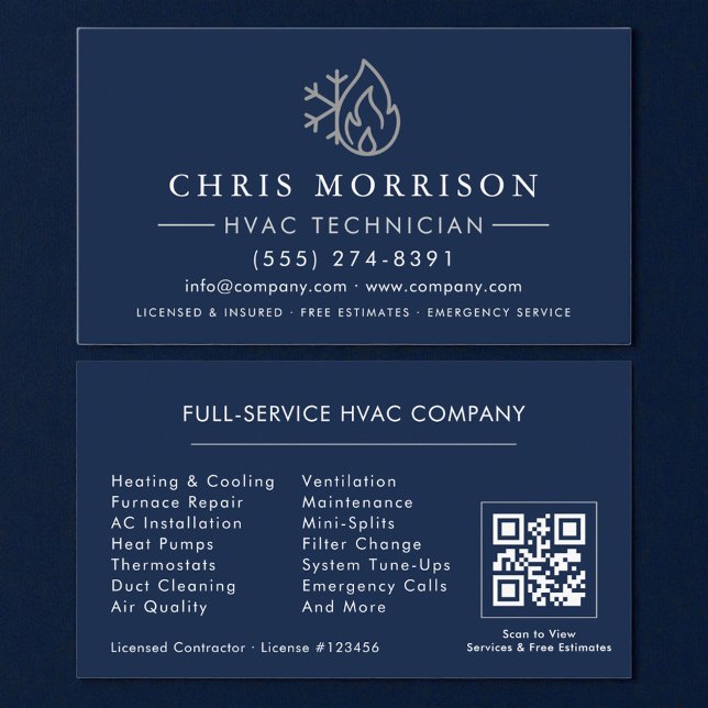 Carte de visite CVC bleu marine argent Code QR (Créateur téléchargé)