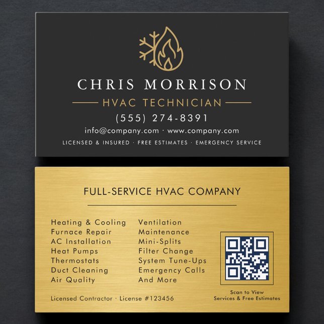 Carte de visite CVC simple moderne Noir Or QR Code (Créateur téléchargé)