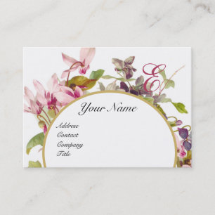 Carte De Visite CYCLAMENS ROSES MONOGRAMME FLORAL ROMANTIQUE, Blan
