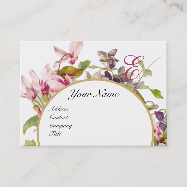 Carte De Visite CYCLAMENS ROSES MONOGRAMME FLORAL ROMANTIQUE, Blan (Devant)