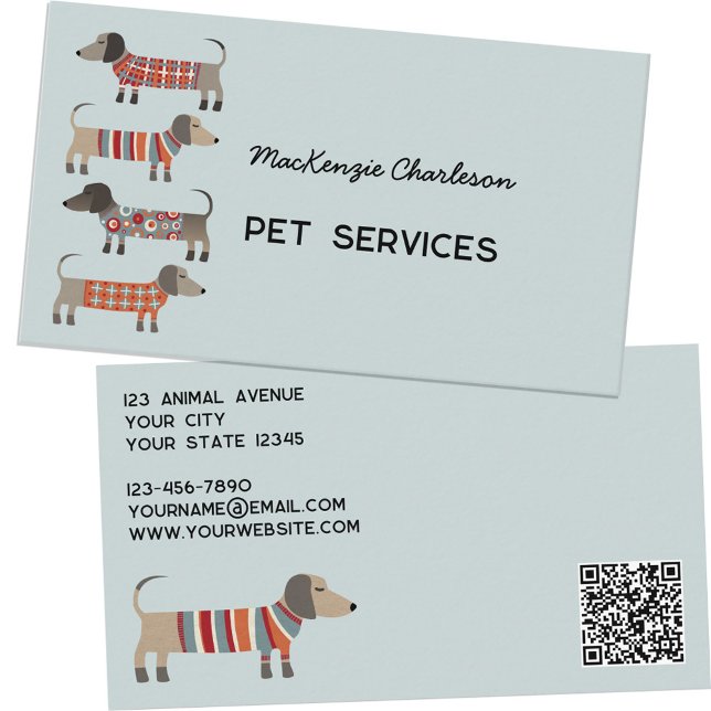 Carte De Visite Dachshund Chien Services pour animaux de compagnie (Dachshund Wiener Sausage Dog Pet Services professional business card with QR code)
