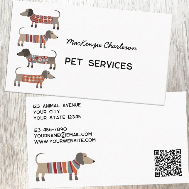 Carte De Visite Dachshund Chien Services pour animaux de compagnie (Dachshund Wiener Sausage 
 Dog Pet Services fun professional business card with QR Code)