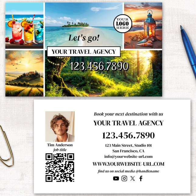 Carte de visite d'agence de voyage photo professio (Feel-good professional travel agency business card featuring a photo grid with your custom photos)