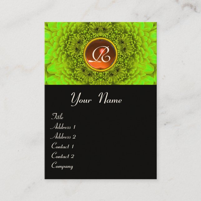 Carte De Visite Dahlia vert  Monogramme Agate noir jaune orange (Devant)