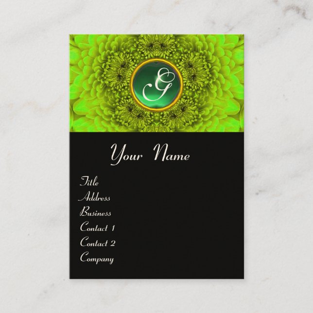 Carte De Visite Dahlia vert monogramme, émeraude noir jaune (Devant)