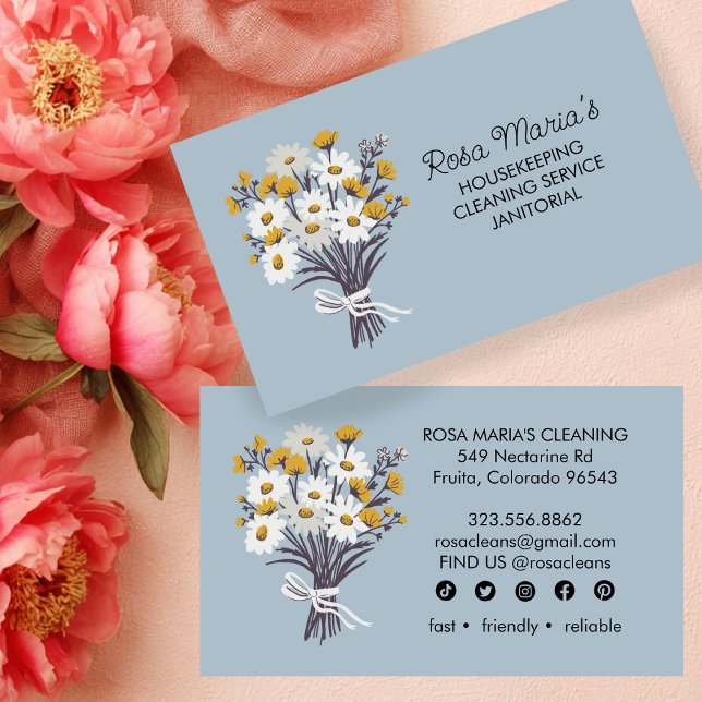 Carte De Visite Daisy Bouquet Maison Service de nettoyage Icônes s (Daisy Bouquet House Cleaning Service Social Icons Business Card
)