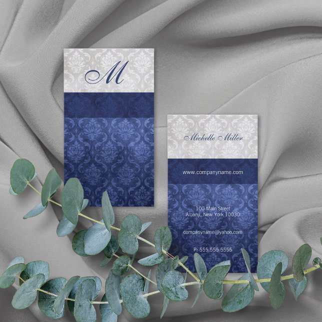 Carte De Visite Damas Monogramme gris bleu (Créateur téléchargé)