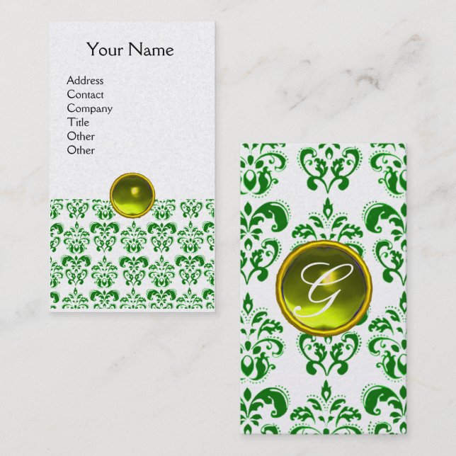 Carte De Visite DAMAS VERT JAUNE GEMME MONOGRAMME Perle Blanche (Devant / Derrière)