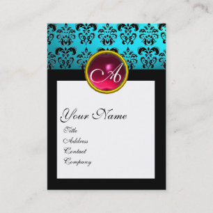 Carte De Visite DAMASK CARRÉ MONOGRAM, bleu turquase rouge rubis