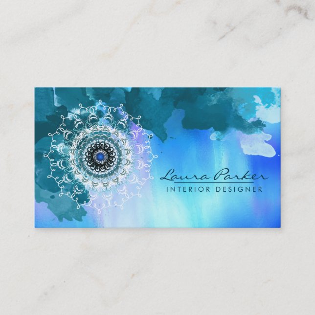Carte De Visite Damask Mandala Mer Aquarelle Abstraite Bleu (Devant)