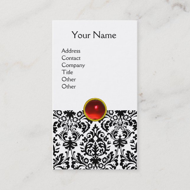 Carte De Visite DAMASK MONOGRAM gemme rouge rubis clair blanc (Devant)
