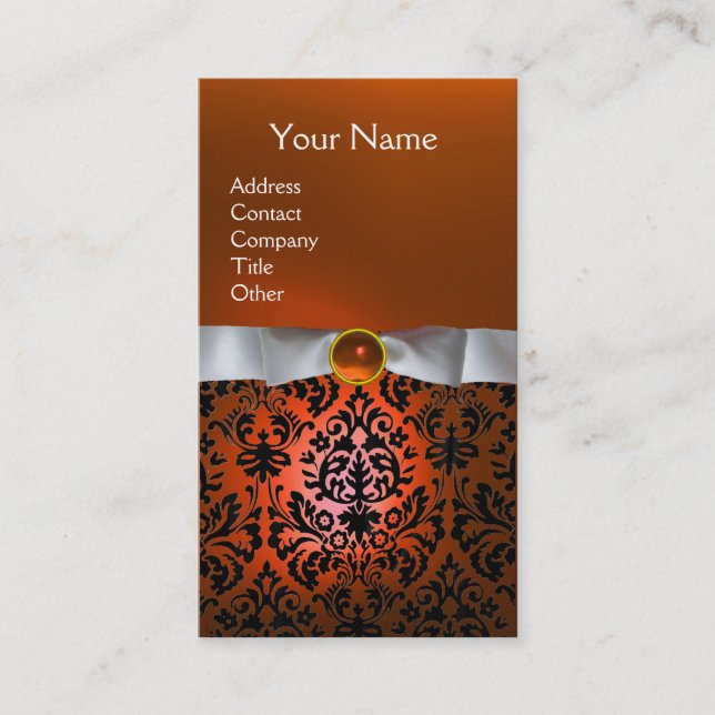 Carte De Visite DAMASK MONOGRAM gemme ruban orange blanc (Devant)