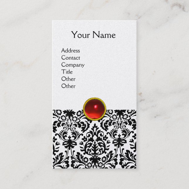 Carte De Visite DAMASK MONOGRAM gemme rubis rouge platine clair (Devant)