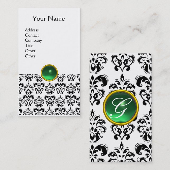 Carte De Visite DAMASK MONOGRAM Jeu vert coquille (Devant / Derrière)