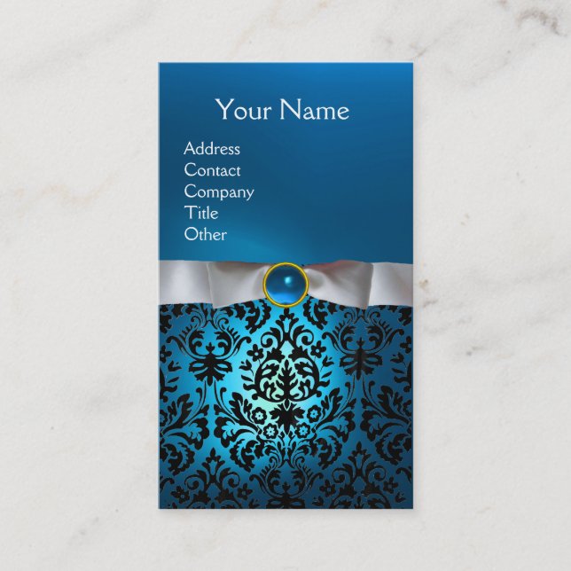 Carte De Visite DAMASK MONOGRAM joyau bleu blanc ruban (Devant)
