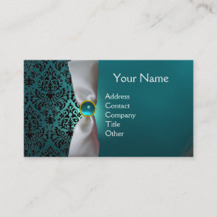 Carte De Visite DAMASK MONOGRAM ruban blanc noir bleu aquamarine