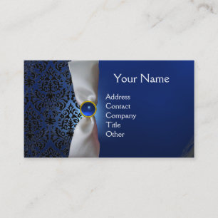Carte De Visite DAMASK MONOGRAM ruban blanc noir bleu foncé