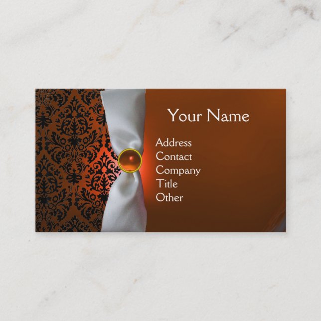 Carte De Visite DAMASK MONOGRAM ruban blanc noir orange (Devant)