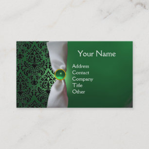 Carte De Visite DAMASK MONOGRAM ruban blanc noir vert